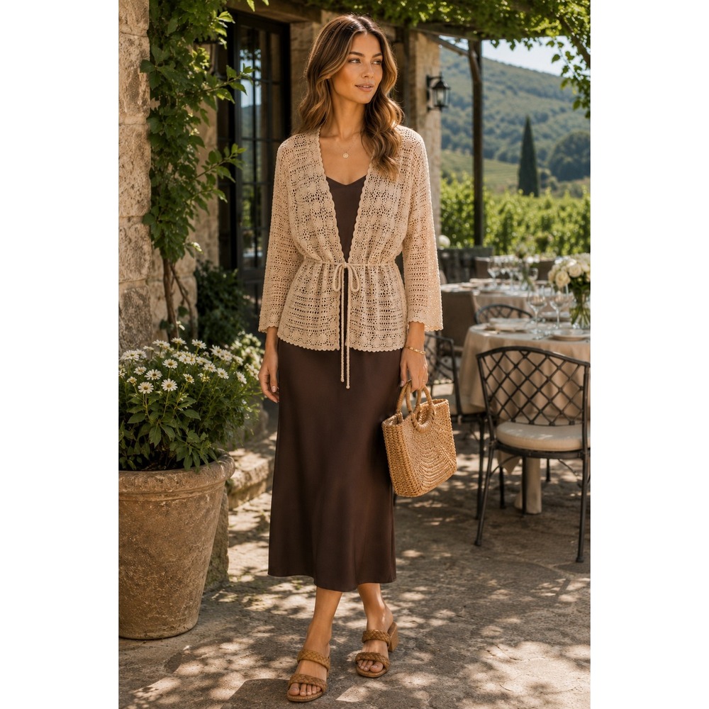 Vintage April Cornell Crochet Cardigan M Tie Waist Open Knit Boho Beige Romantic